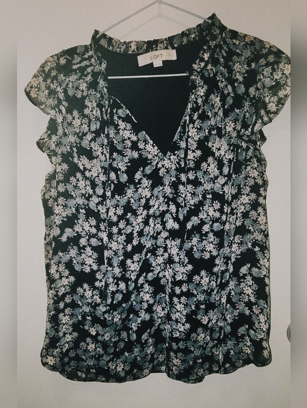 LOFT Black & Ice Blue Floral Chiffon Ruffle Neck Tie Blouse NWOT M